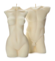 Beautiful male and female body shaped candles on white background