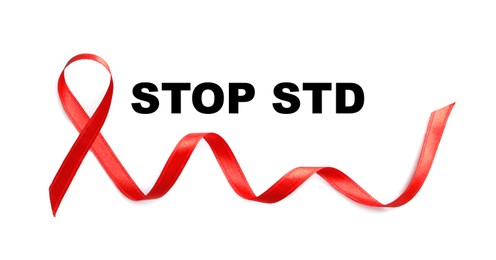 Red awareness ribbon and text Stop STD on white background, top view 