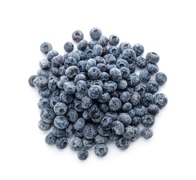 Heap of tasty frozen blueberries on white background, top view