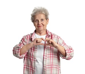 Elderly woman making heart with her hands on white background
