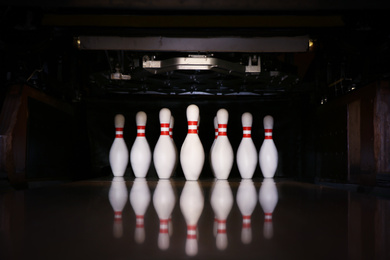 Bowling alley lane with set pins in club