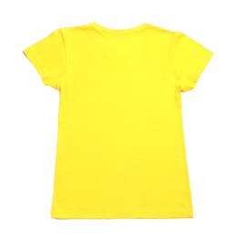 Photo of Stylish yellow female T-shirt isolated on white, top view
