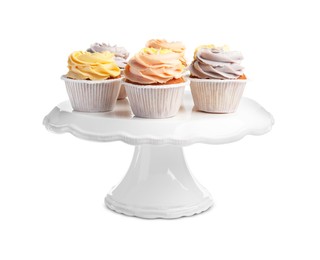 Photo of Stand with tasty cupcakes on white background
