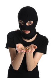 Woman wearing knitted balaclava with jewellery on white background