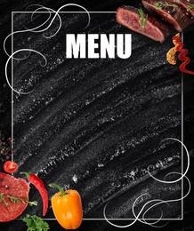 Design of menu with black board, meat and vegetables, space for text