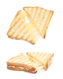 Image of Tasty cheese sandwiches on white background, collage 