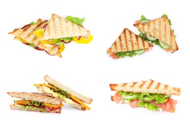 Image of Set with different delicious sandwiches on white background 