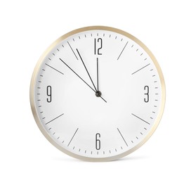 Clock showing five minutes until midnight isolated on white. New Year countdown