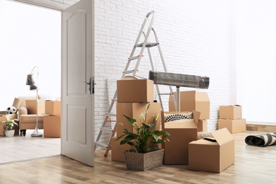 Cardboard boxes, ladder and houseplant in empty room. Moving day