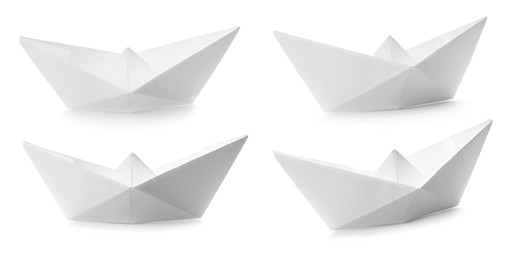 Set with paper boats on white background