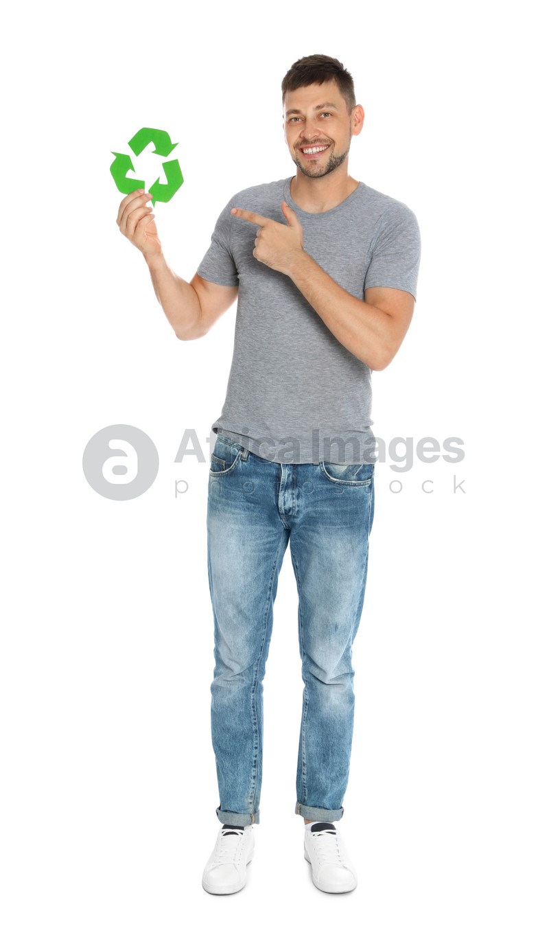 Man with recycling symbol on white background