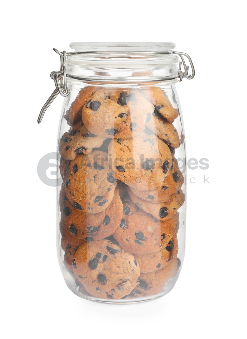 Jar of chocolate chip cookies isolated on white