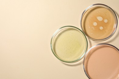 Petri dishes with color liquids on beige background, flat lay. Space for text