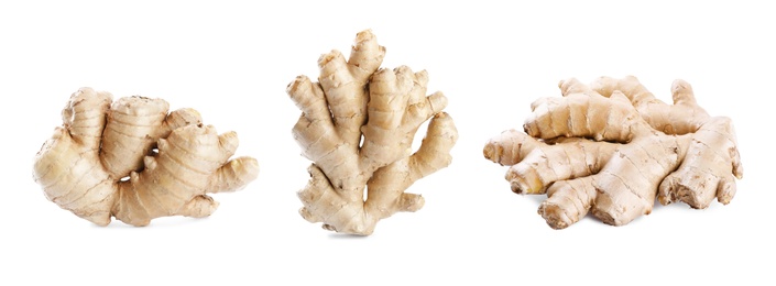 Image of Set of fresh aromatic ginger on white background. Banner design