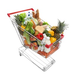 Shopping cart with groceries on white background
