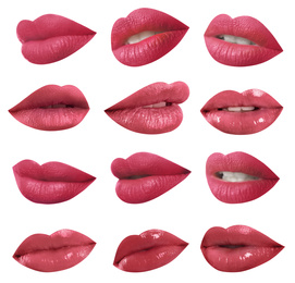 Set of mouths with beautiful makeup on white background. Stylish pink lipstick