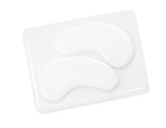 Photo of Package with under eye patches isolated on white, top view. Cosmetic product