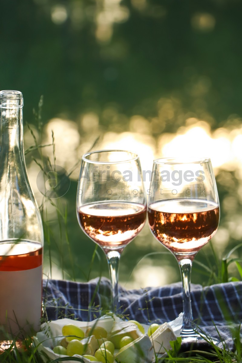 Delicious rose wine, cheese and grapes on picnic blanket near lake