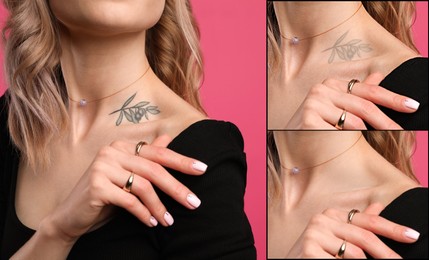 Woman before and after laser tattoo removal procedures on pink background, closeup. Collage with photos