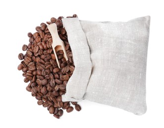 Sack and roasted coffee beans on white background, top view