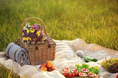 Photo of Picnic blanket with different snacks and wine outdoors