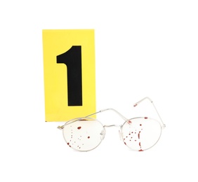 Photo of Bloody glasses and crime scene marker with number 
one isolated on white