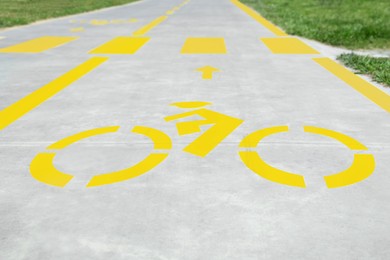Bike lane with painted yellow bicycle sign and arrow near pedestrian crossing, closeup