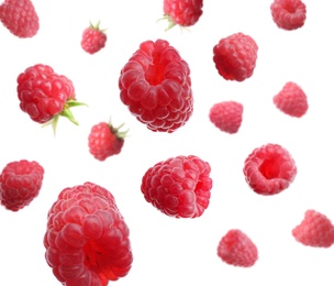 Image of Fresh ripe raspberries falling on white background