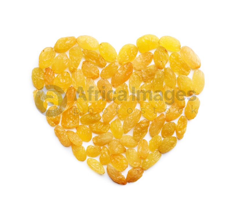 Composition with raisins on white background, top view. Dried fruit as healthy snack