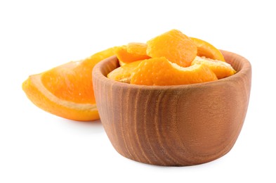 Photo of Orange peels preparing for drying and piece of fresh fruit isolated on white
