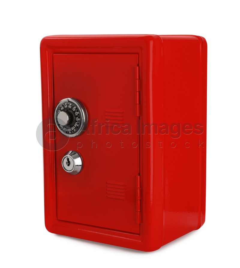 Closed red steel safe isolated on white