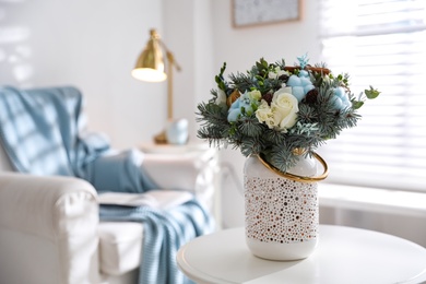 Beautiful wedding winter bouquet on table indoors. Space for text