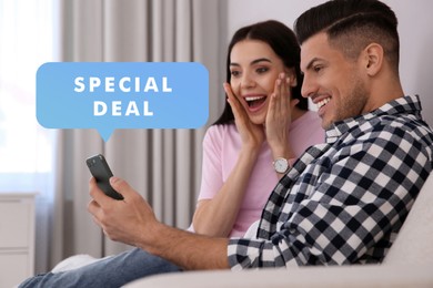 Special deal. Emotional couple participating with smartphone at home