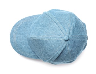 Stylish light blue baseball cap on white background, top view