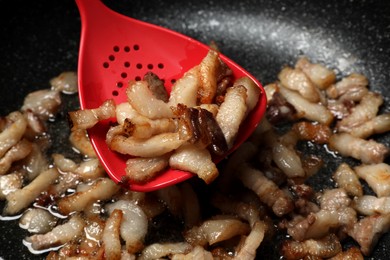 Photo of Frying cracklings in cookware, closeup. Pork lard