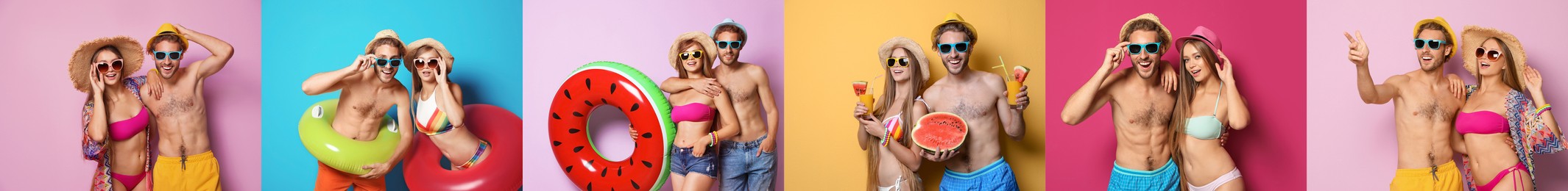 Collage with beautiful photos themed to summer party and vacation. Happy young couples wearing beachwear on different color backgrounds, banner design