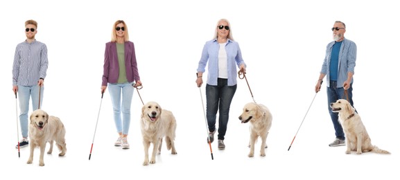 Blind people with long canes and guide dogs on white background. Banner design