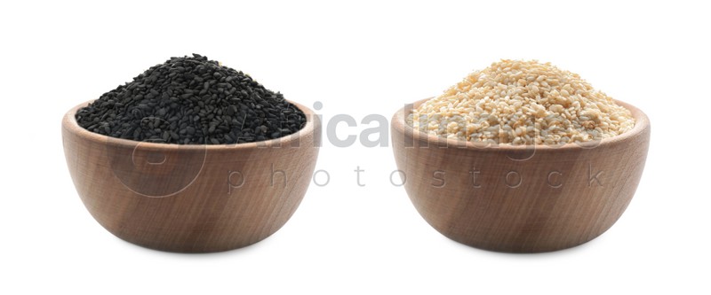 Set with different sesame seeds on white background. Banner design