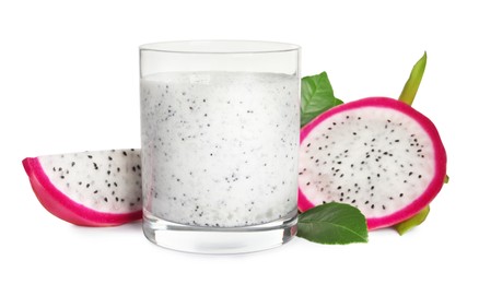 Glass of tasty pitahaya smoothie and fresh dragon fruits on white background