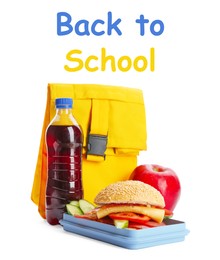 Lunch box with appetizing food, bottle of drink and bag on white background