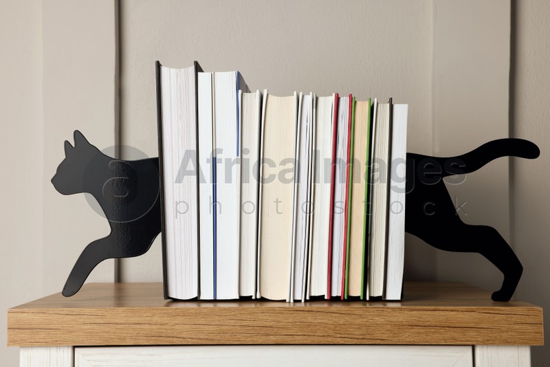 Photo of Minimalist cat bookends with books on table indoors