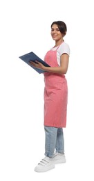 Photo of Young woman in red striped apron with clipboard on white background