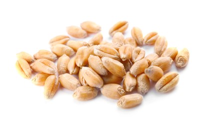 Pile of wheat grains on white background