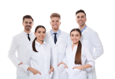 Group of medical doctors isolated on white. Unity concept