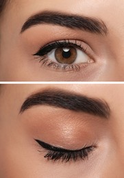 Image of Collage with photos of woman with black eyeliner, closeup view of closed and open eyes