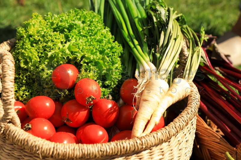 Photo of Different fresh ripe vegetables in wicker basket outdoors, closeup