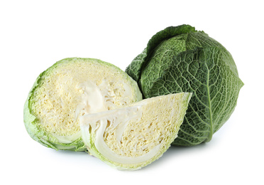 Photo of Whole and cut savoy cabbage isolated on white