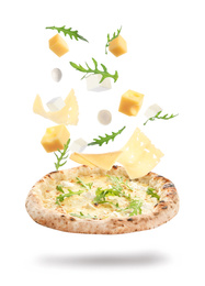 Image of Delicious pizza with flying ingredients on white background 