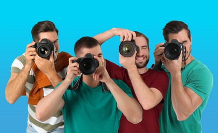 Group of professional photographers with cameras on turquoise background