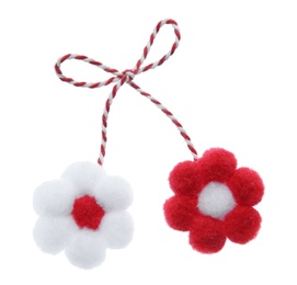 Photo of Traditional martisor with flowers on white background. Beginning of spring celebration